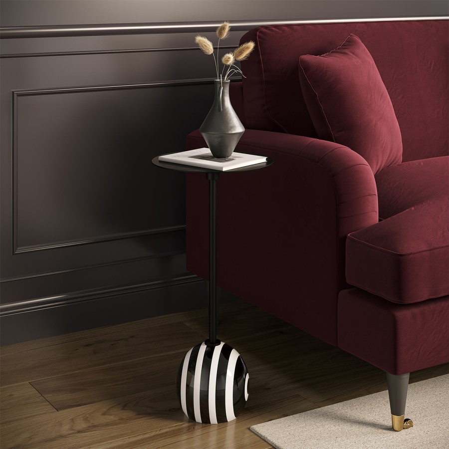 Small Round Black and White Stripe Ball Side Table - Elsa