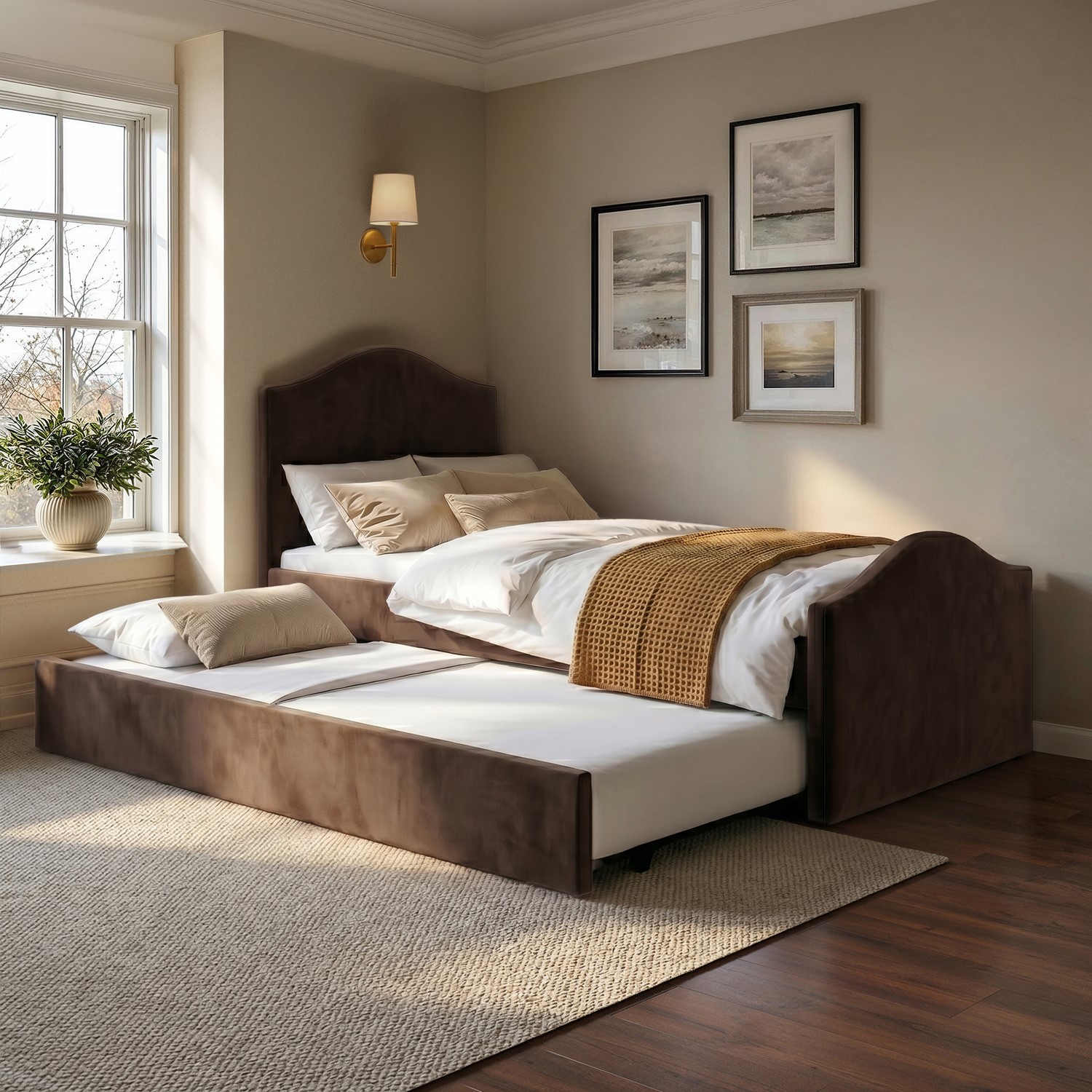 Upholstered Single Guest Bed Trundle