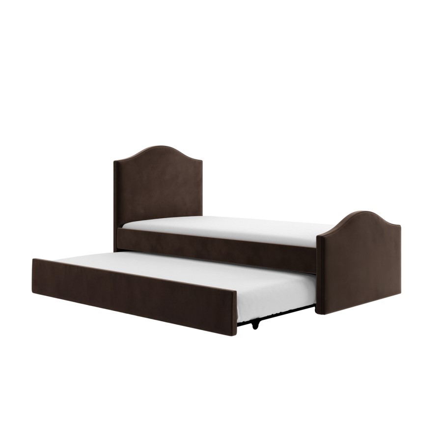 Brown Upholstered Single Guest Bed with Trundle and 1 Mattress - Elsie