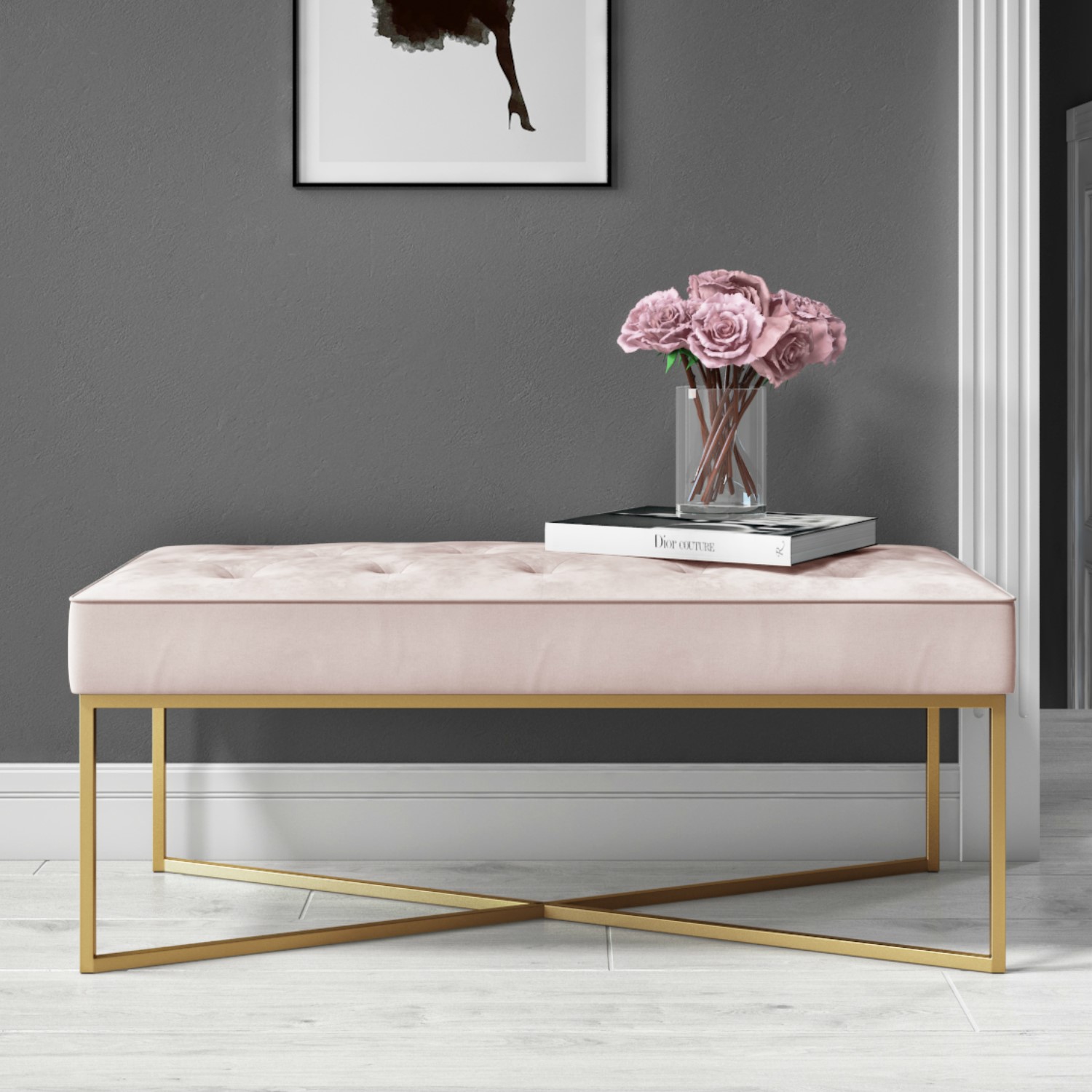 Pink Velvet Bedroom Bench with Gold Legs - Esme - Furniture123