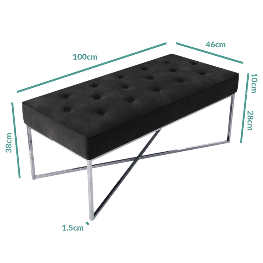 Esme Quilted Velvet Bench in Dark Grey with Criss-cross Silver Legs