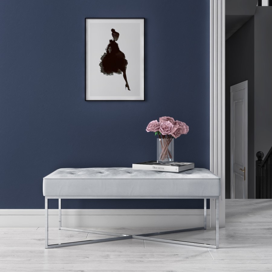 GRADE A1 - Esme Quilted Velvet Bench in Silver Grey with Criss-cross Silver Legs