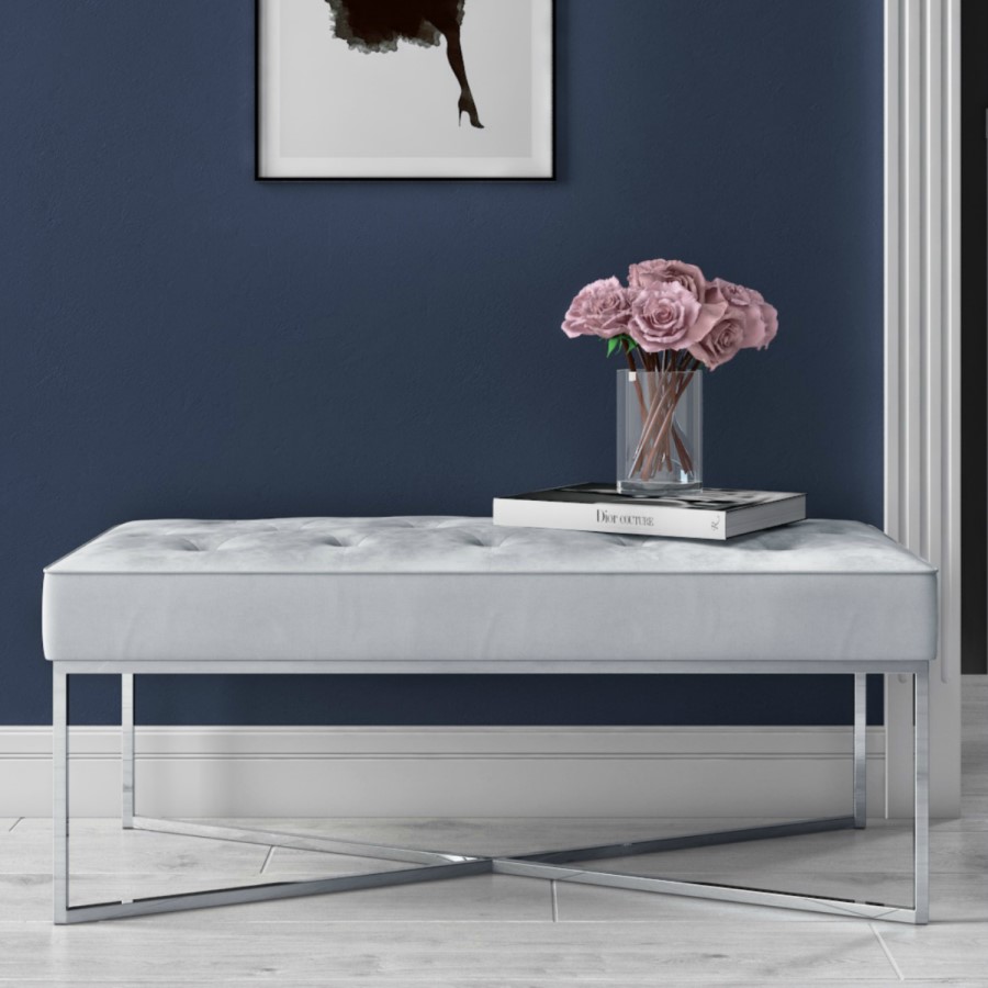 GRADE A1 - Esme Quilted Velvet Bench in Silver Grey with Criss-cross Silver Legs