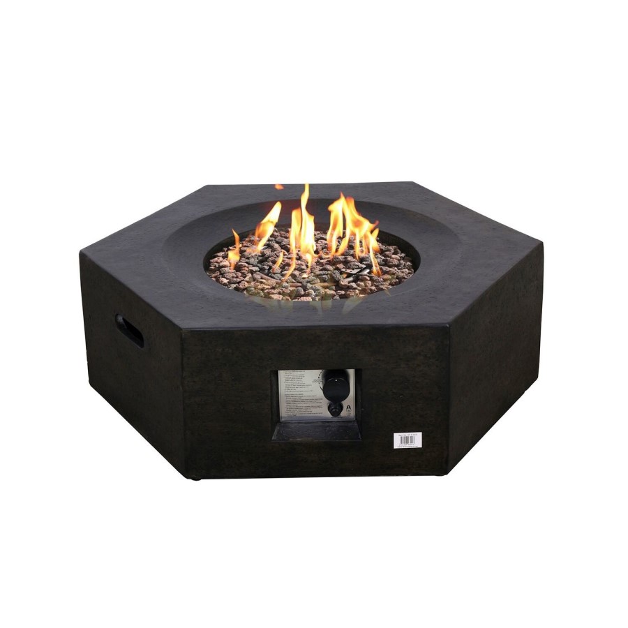 Terrafab Hexagon Gas Garden Table Fire Pit in Black with Lava Stones