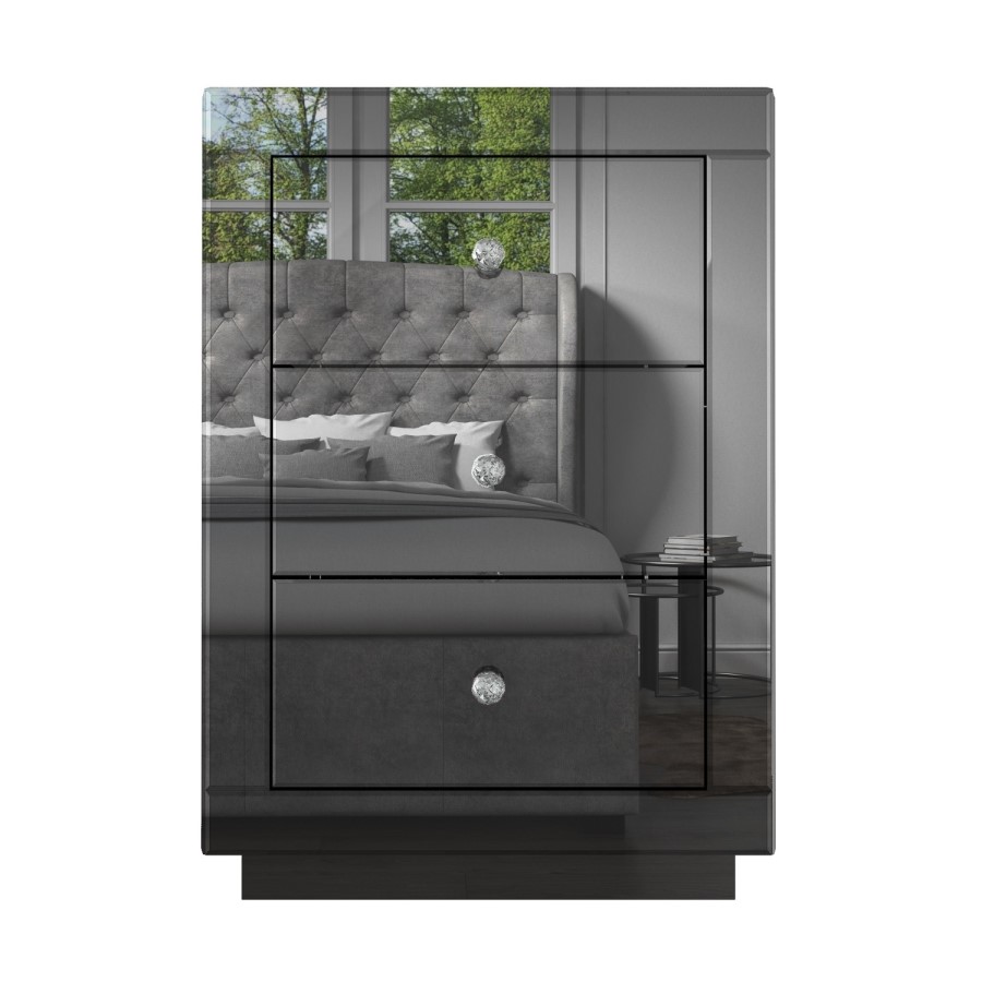 GRADE A2 - Eva Grey Mirrored 3 Drawer Bedside Table with Crystal Effect Handles