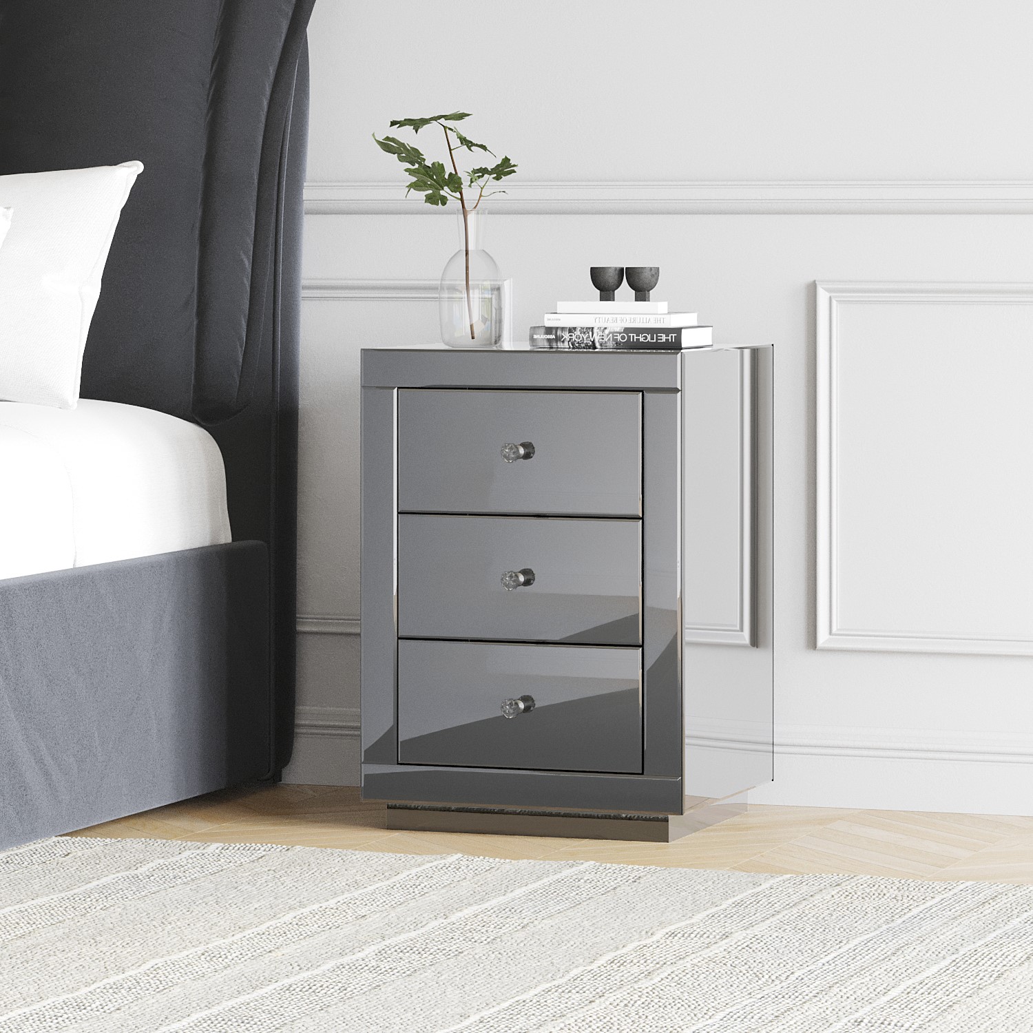 Eva grey mirrored 3 drawer bedside table with crystal effect handles £