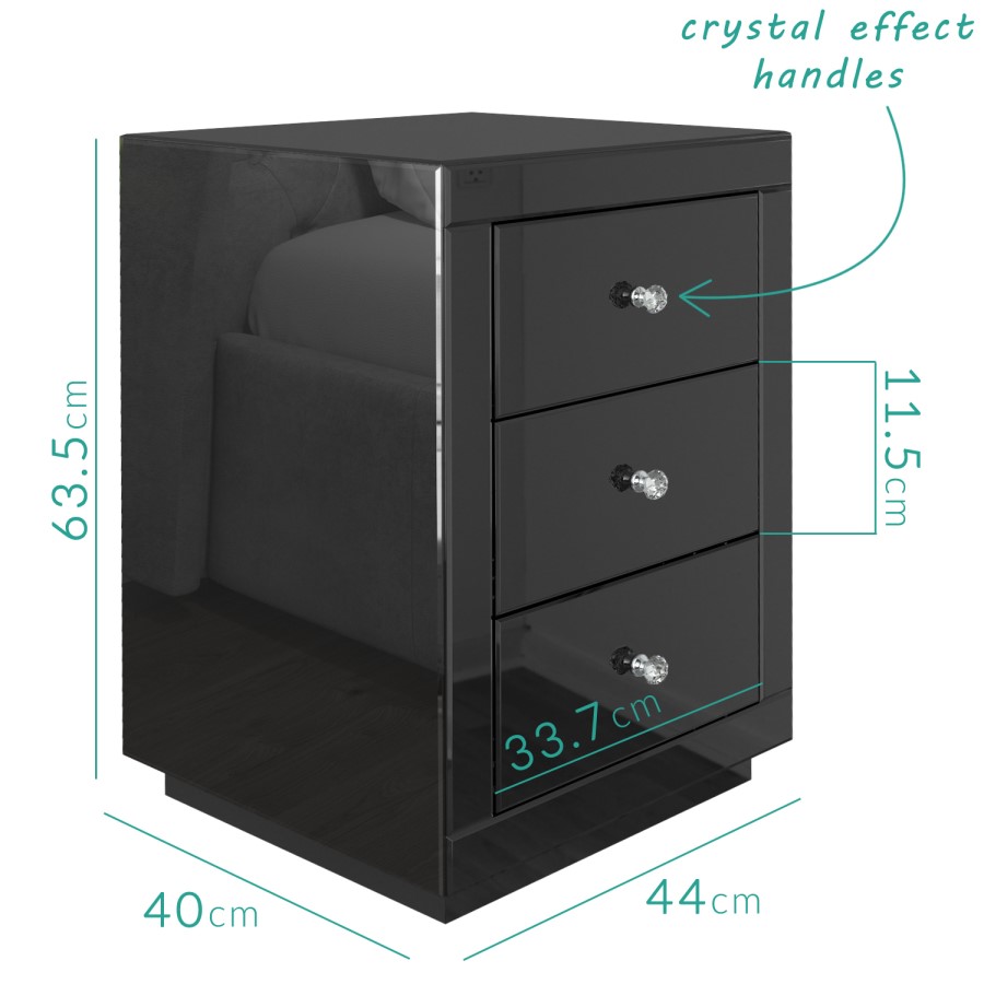 GRADE A2 - Eva Grey Mirrored 3 Drawer Bedside Table with Crystal Effect Handles