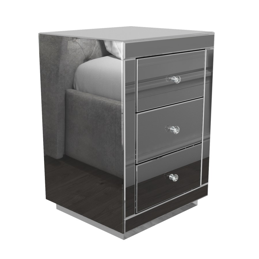 GRADE A2 - Eva Grey Mirrored 3 Drawer Bedside Table with Crystal Effect Handles