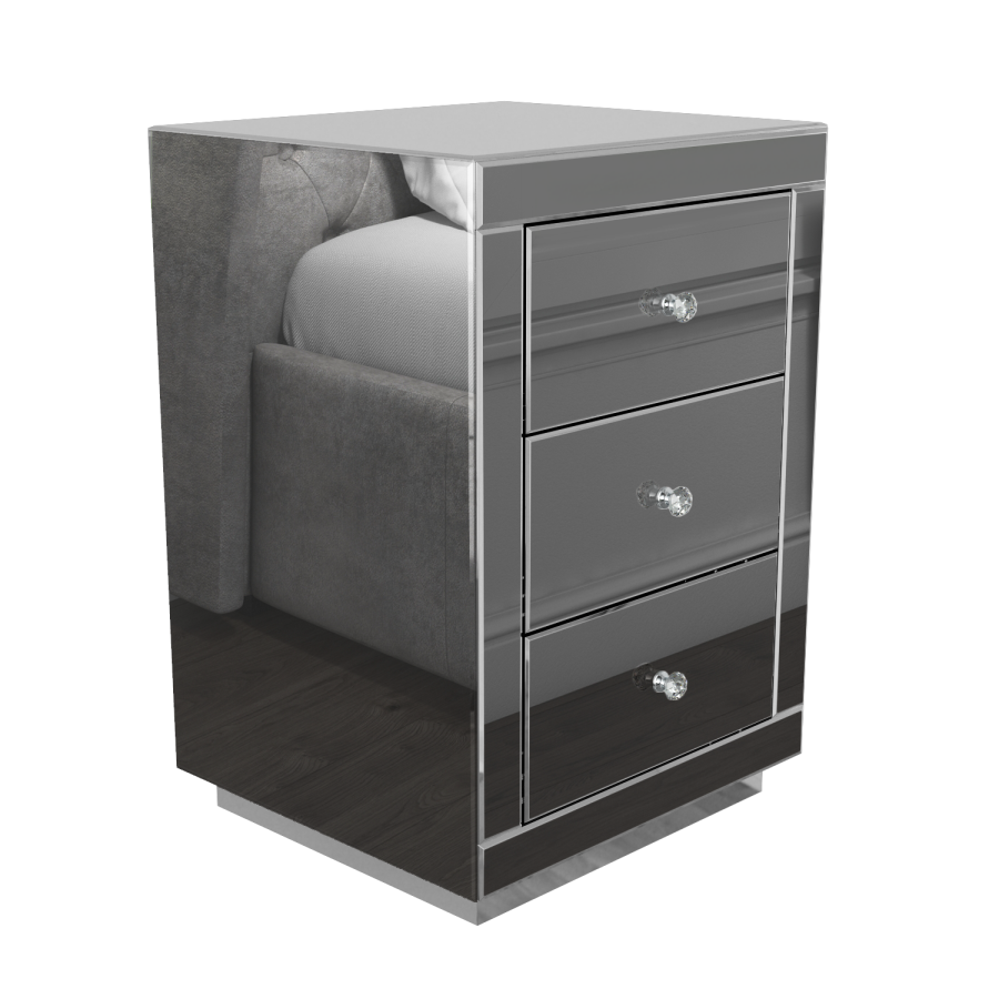 GRADE A1 - Eva Grey Mirrored 3 Drawer Bedside Table with Crystal Effect Handles