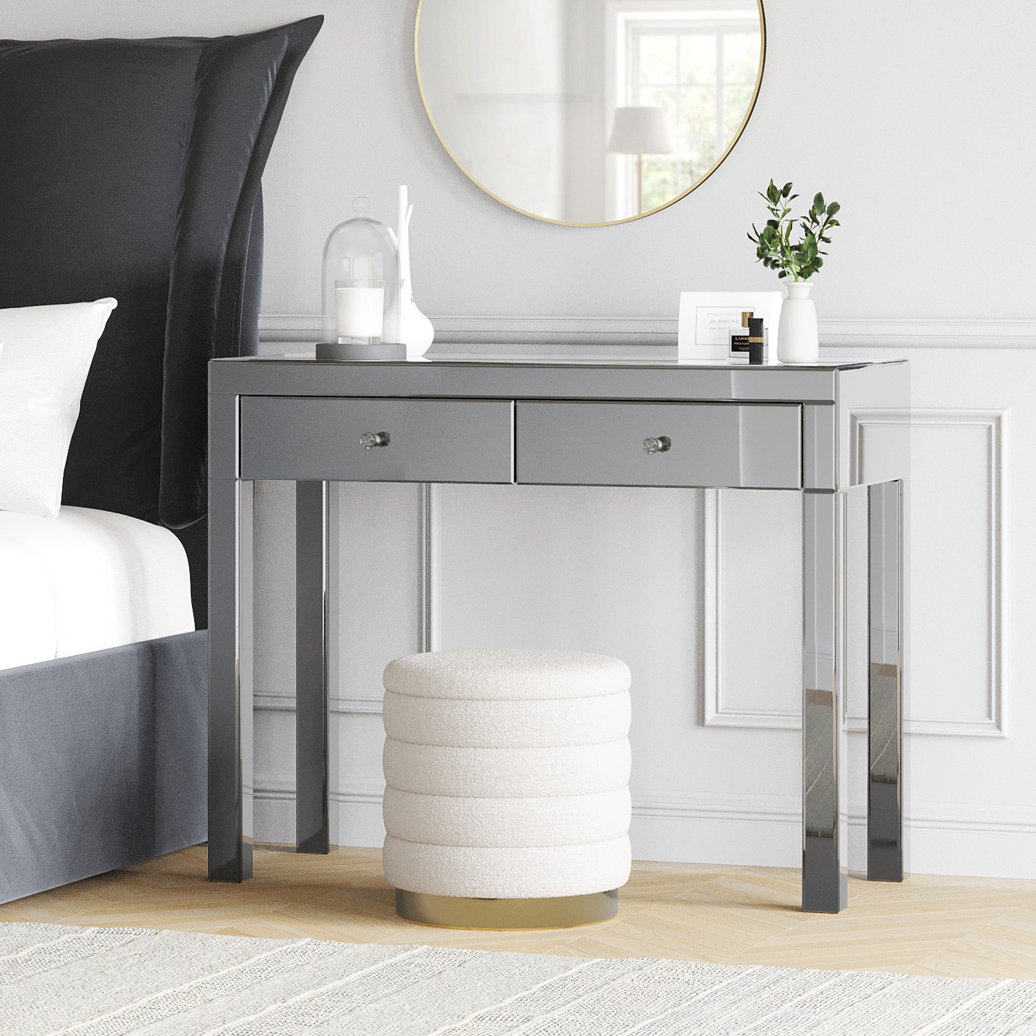 grey mirrored dressing table 39" Mirrored Makeup Vanity Table with Stainless Steel Base, Mirrored Dressing Table - Bed Bath & Beyond