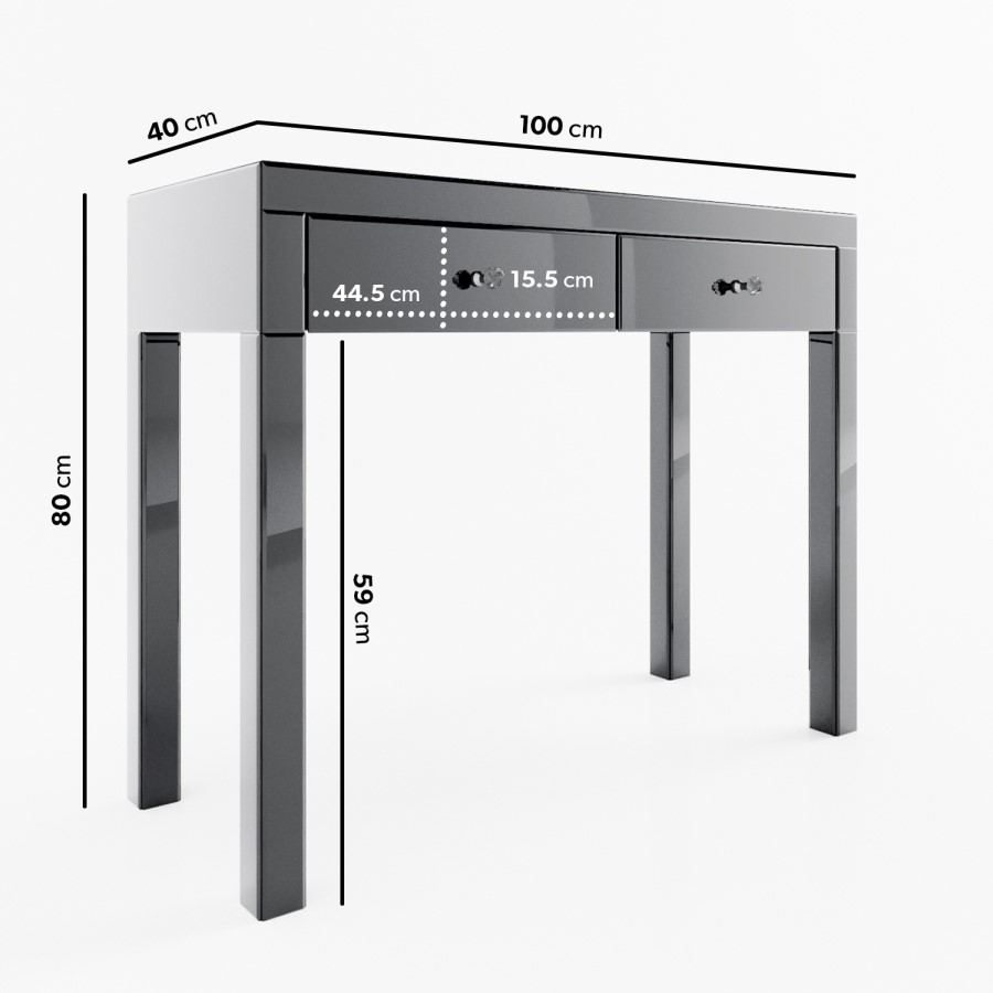 Grey Mirrored 2 Drawer Dressing Table with Crystal Effect Handles - Eva