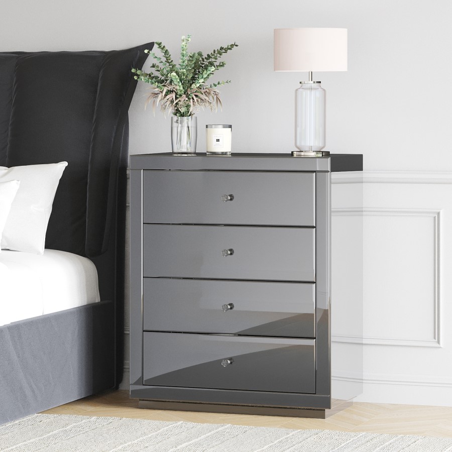 Grey Mirrored Chest of 4 Drawers - Eva