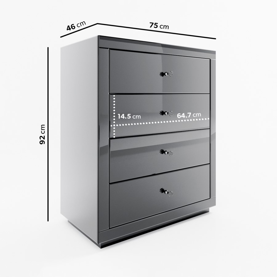 Grey Mirrored Chest of 4 Drawers - Eva