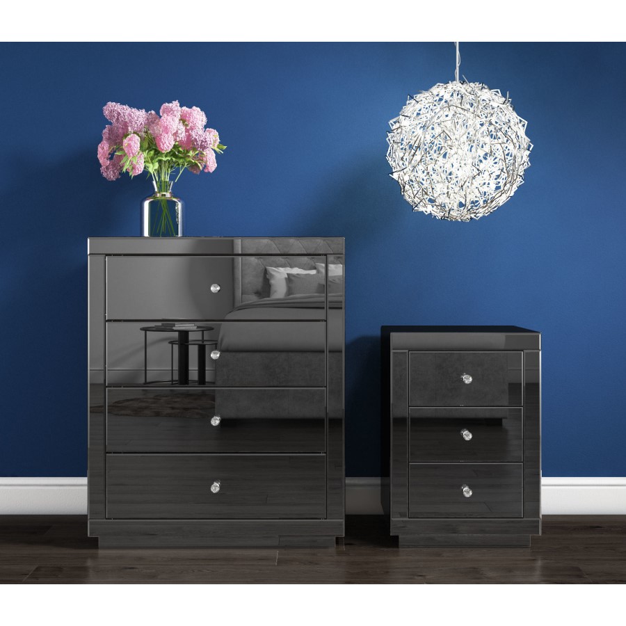 GRADE A1 - Eva Grey Mirrored 4 Drawer Chest of Drawers with Crystal Effect Handles
