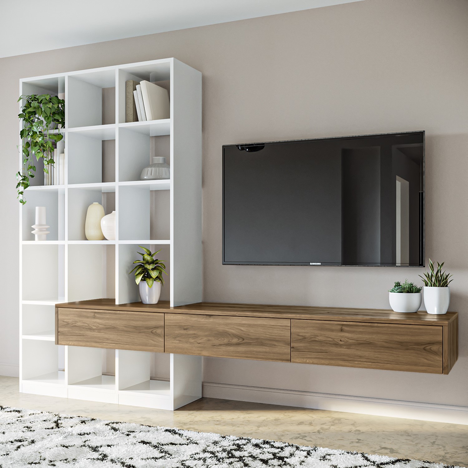 GRADE A1 - Large White Gloss and Oak Bookcase - 15 Shelves - Everett