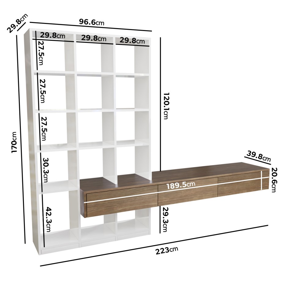 White Gloss and Oak Floating TV Unit with Storage Shelves TV's up to