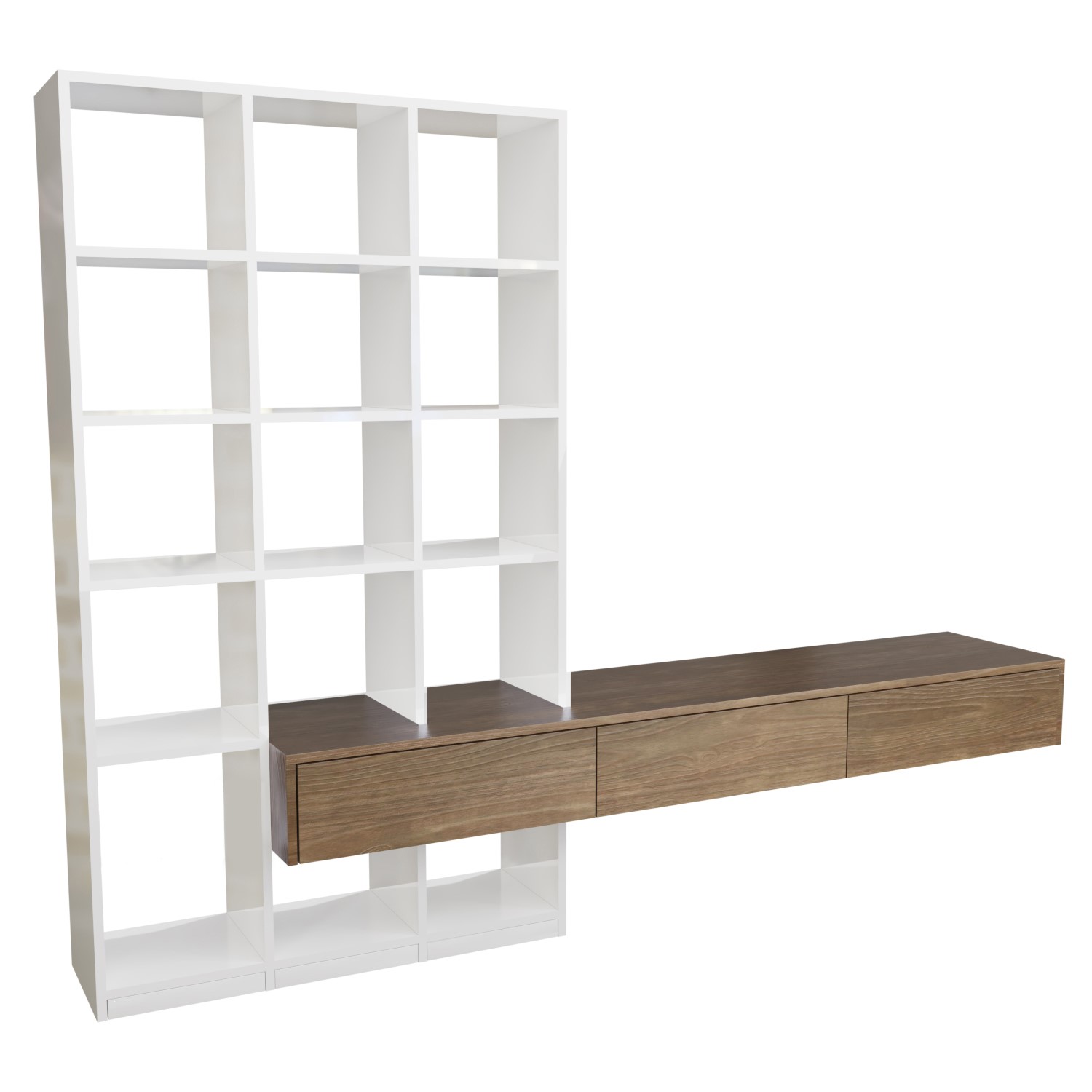 Read more about Large white gloss and oak bookcase with storage drawers