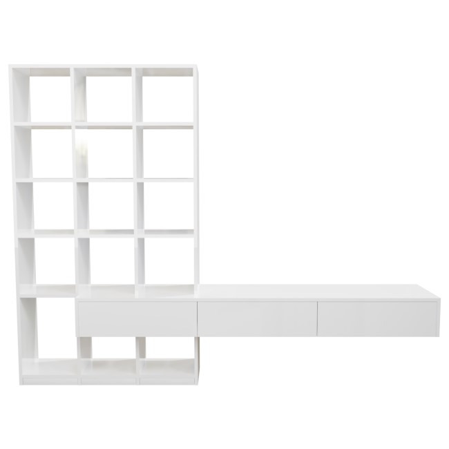 White Gloss Wall Hung Bookcase with Open Shelving and Drawers - Everett