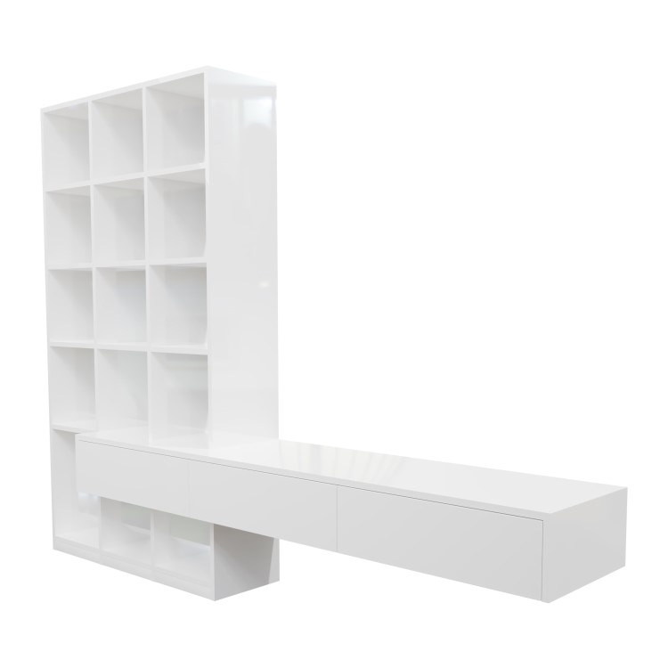 White Gloss Wall Hung Bookcase with Open Shelving and Drawers - Everett