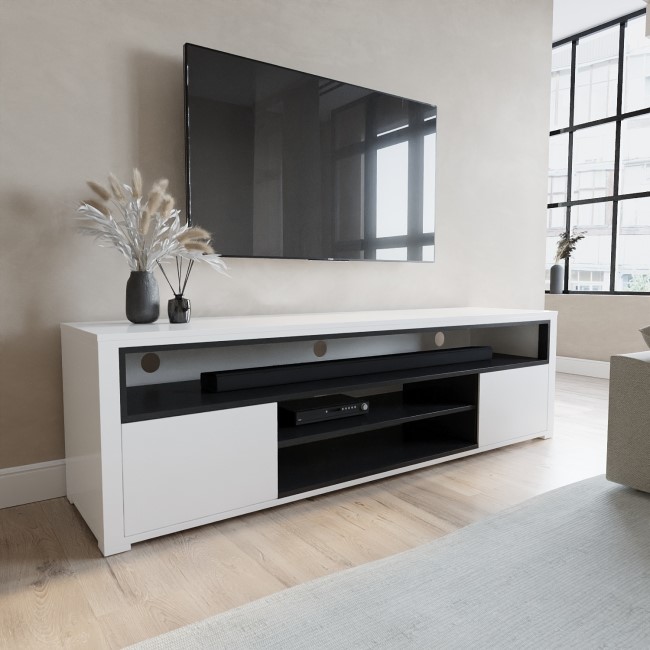 Large White and Grey High Gloss TV Unit with Soundbar Shelf