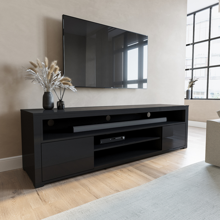 Wide Black Gloss TV Stand with Storage - TV's up to 77" - Neo