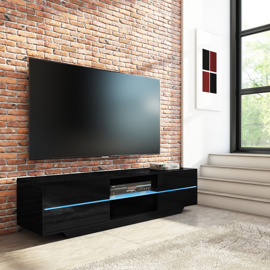 Evoque Large Black High Gloss TV Unit with LED Shelf & Storage - TV's up to 70"