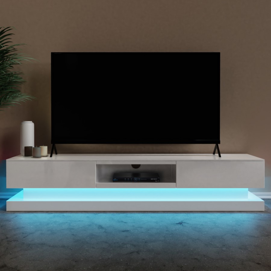 GRADE A1 - Large White Gloss TV Unit with LEDs - TV's up to 88" - Evoque