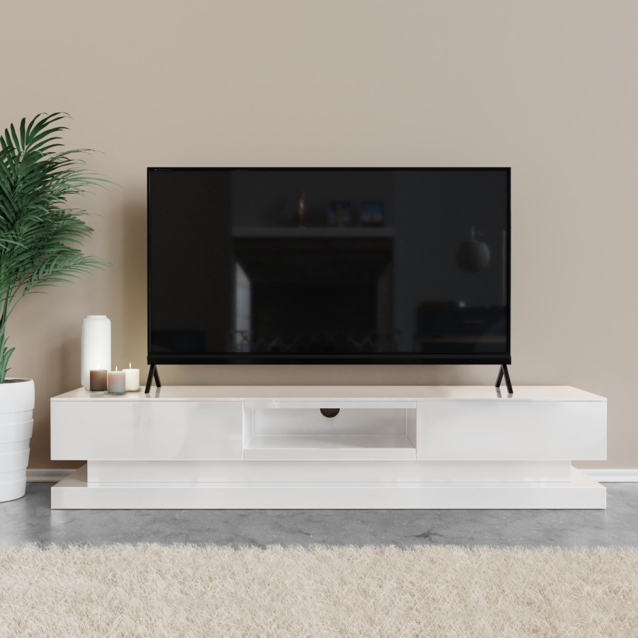 GRADE A1 - Large White Gloss TV Unit with LEDs - TV's up to 88" - Evoque