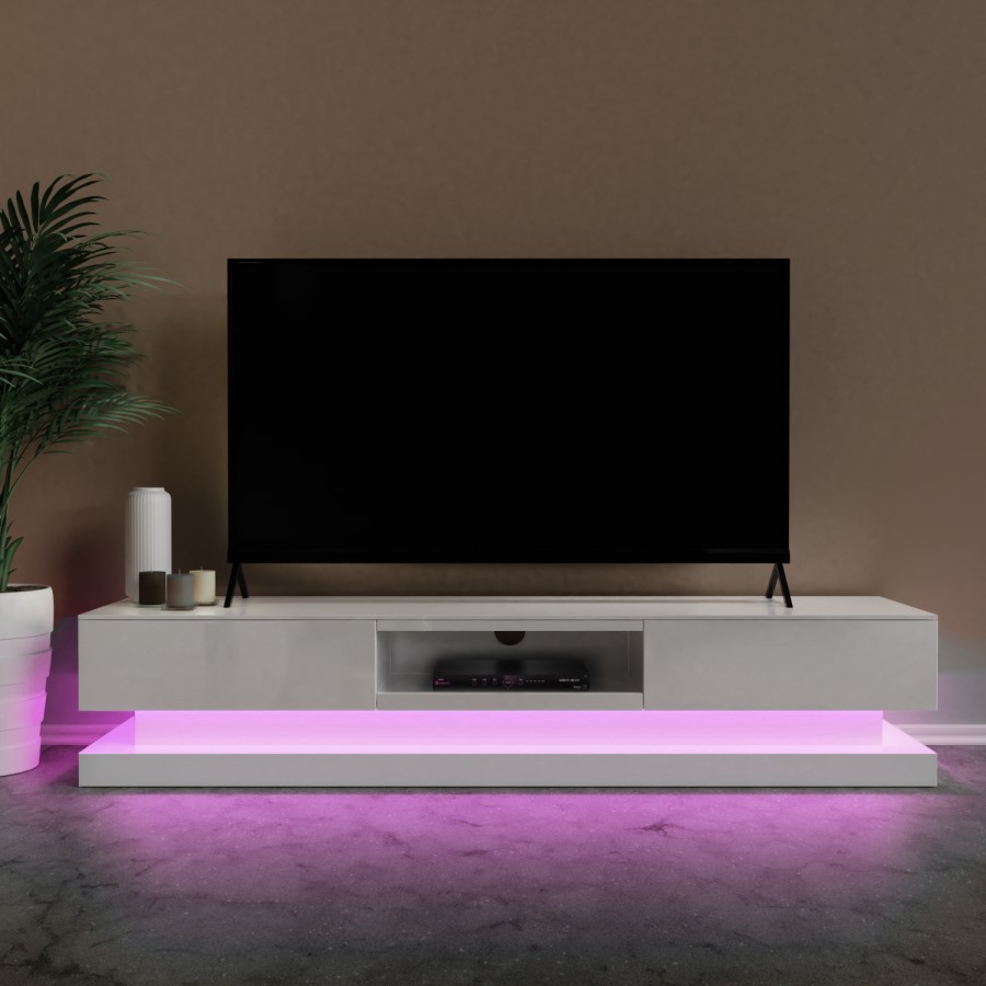 GRADE A1 - Large White Gloss TV Unit with LEDs - TV's up to 88" - Evoque