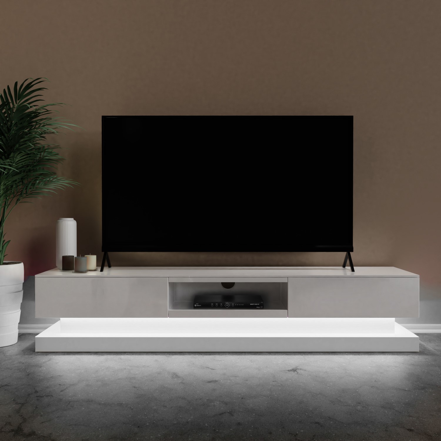 Large White Gloss TV Unit with LEDs TV's up to 88" Evoque