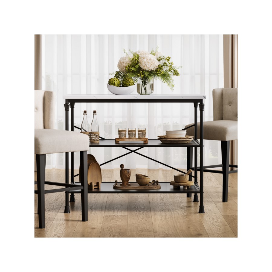 Black Metal Freestanding Kitchen Island with Marble Effect Top - Fairmont