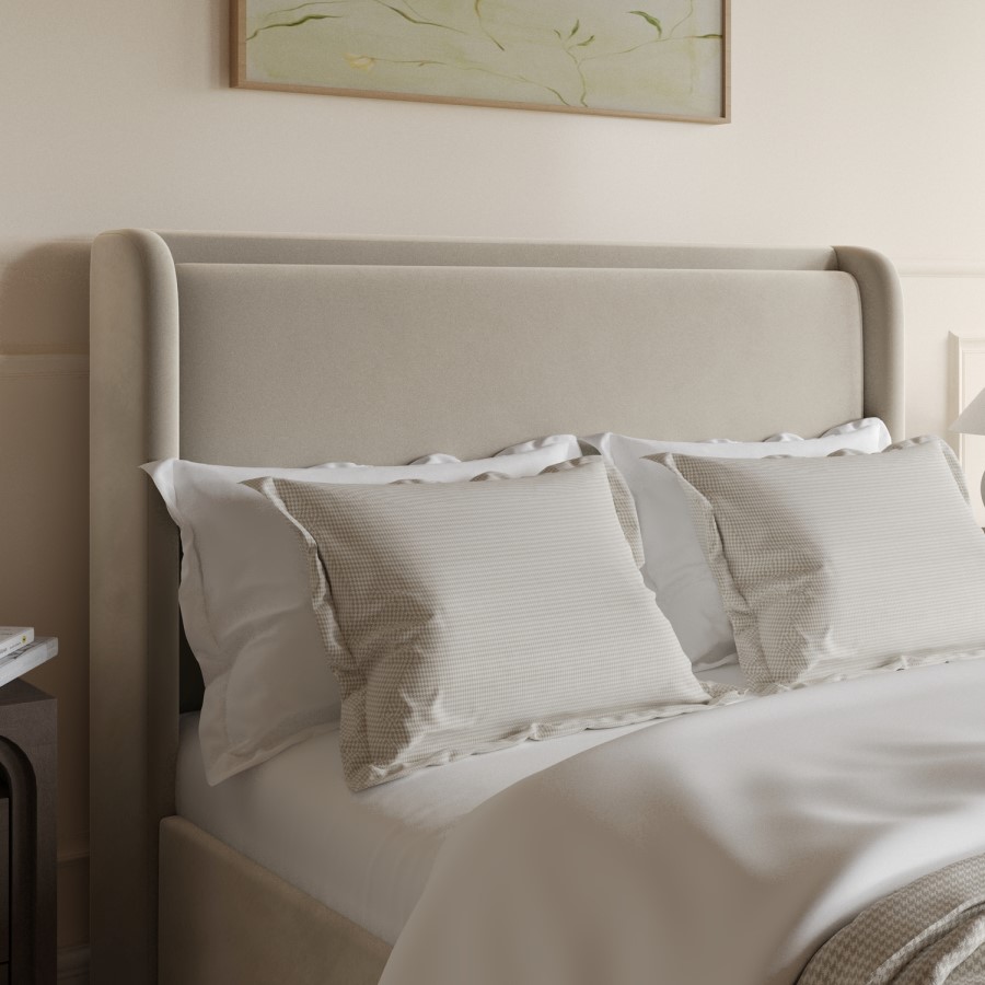 Beige Velvet Double Ottoman Bed with Cushioned Headboard - Frida