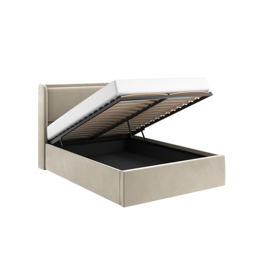 Beige Velvet Double Ottoman Bed with Cushioned Headboard - Frida