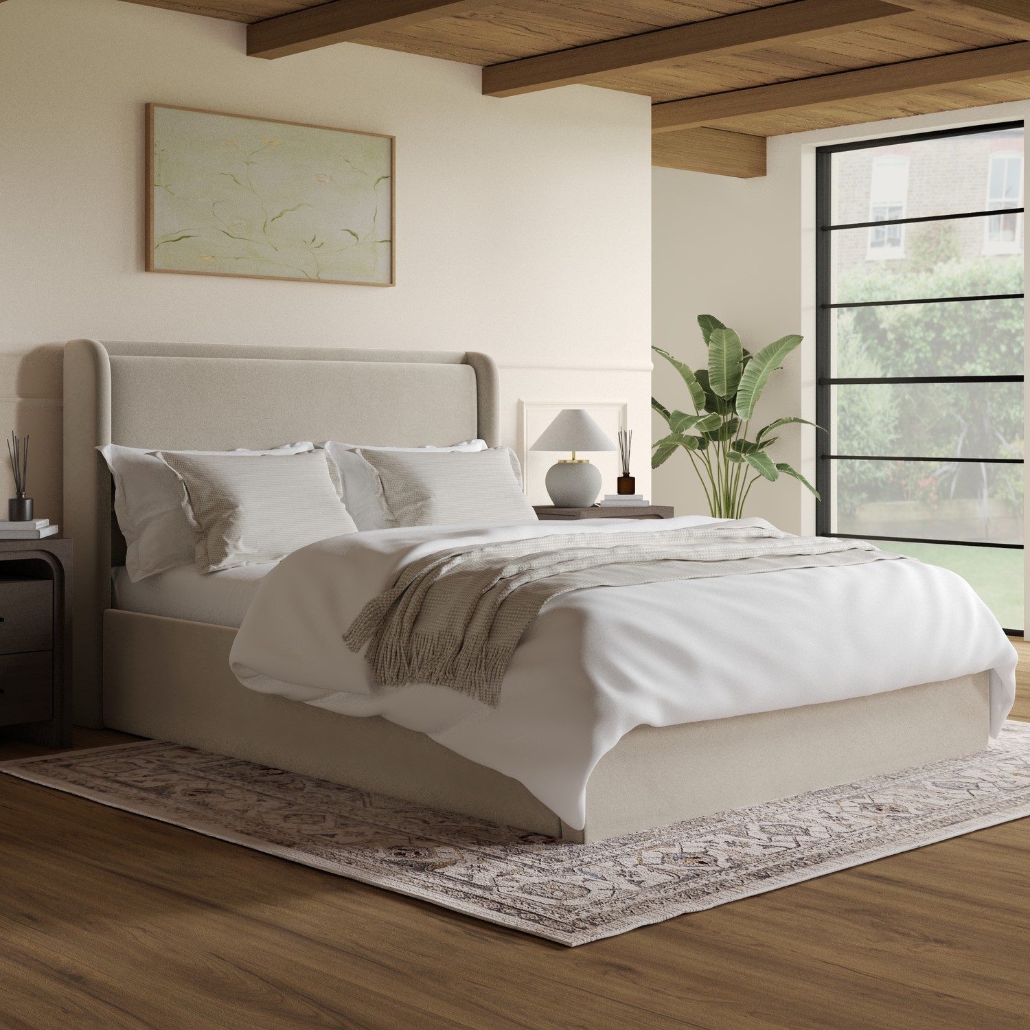 Velvet King Ottoman Bed Cushioned Headboard