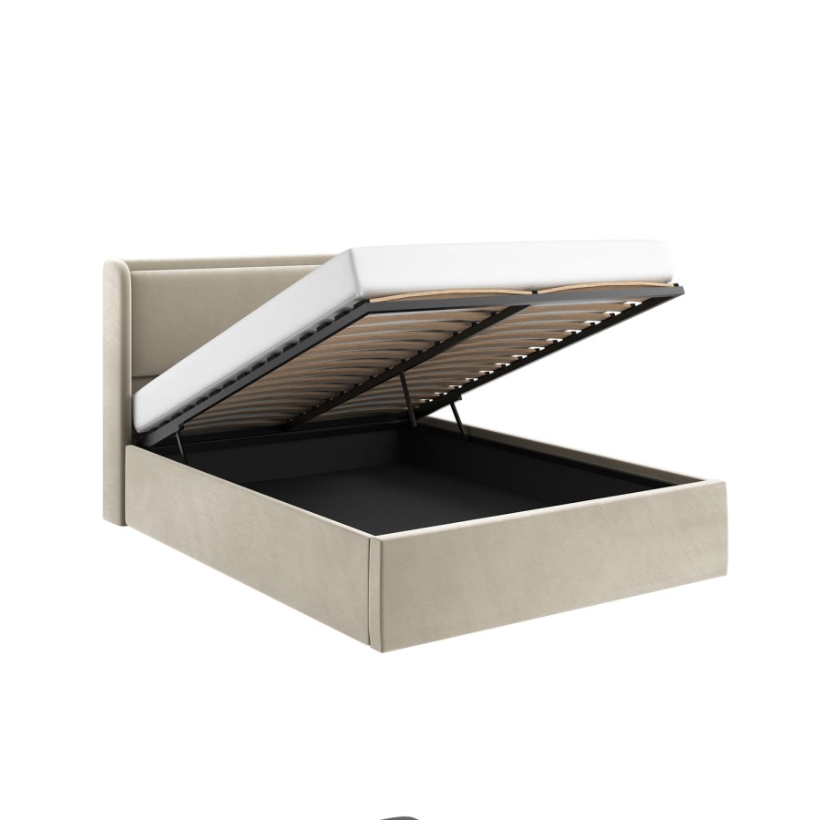 Beige Velvet King Size Ottoman Bed with Cushioned Headboard - Frida