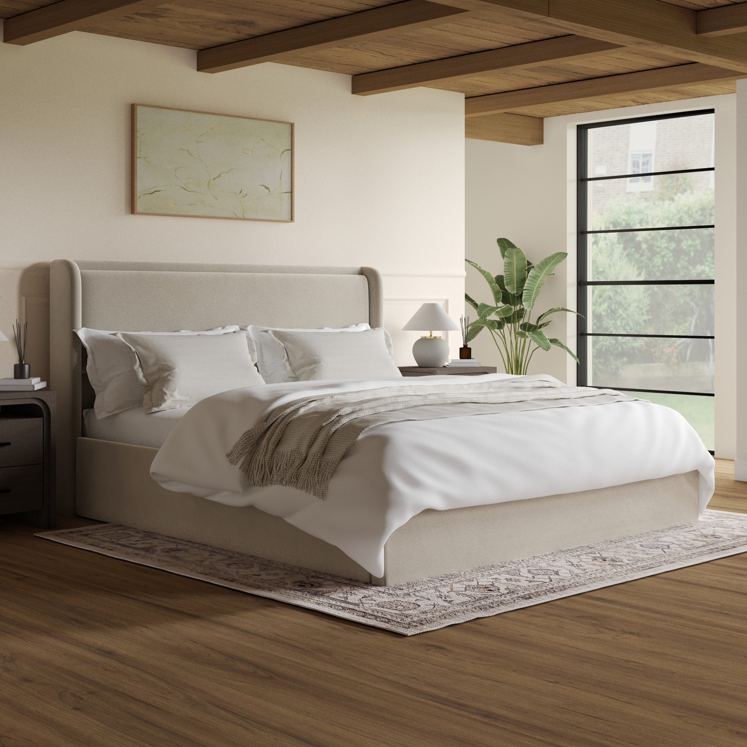 Velvet Super King Ottoman Bed Cushioned Headboard