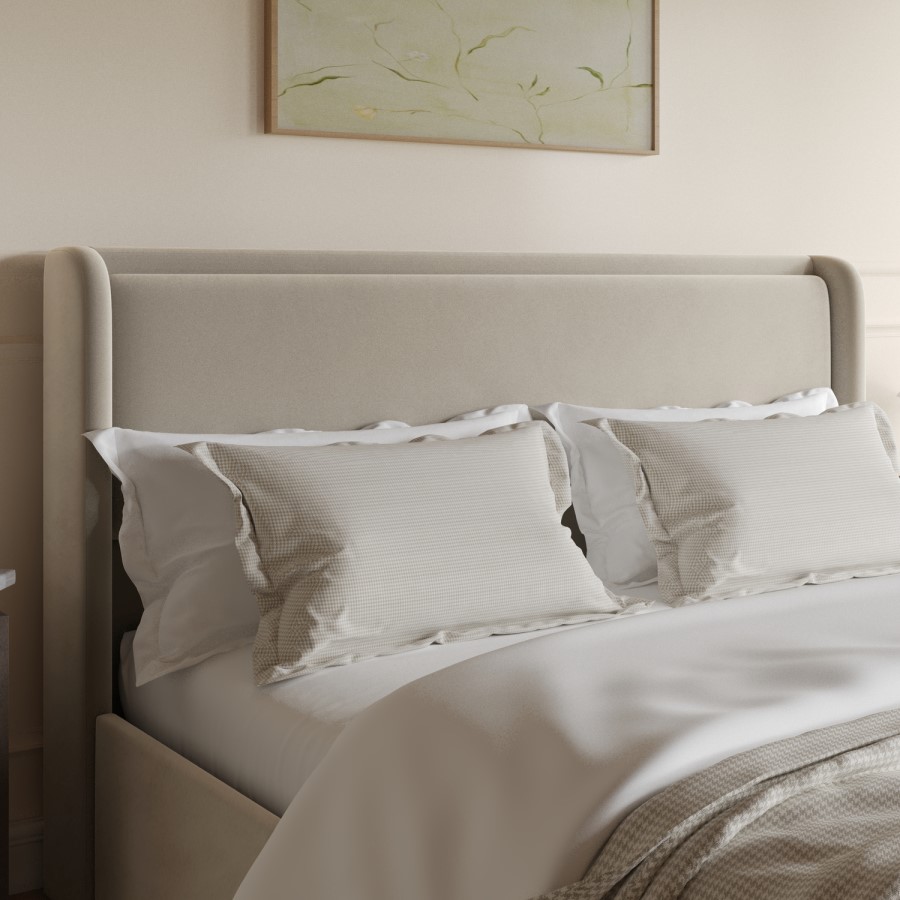 Beige Velvet Super King Ottoman Bed with Cushioned Headboard - Frida