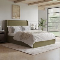 Moss Green Velvet Double Ottoman Bed with Cushioned Headboard - Frida