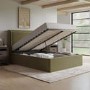 Moss Green Velvet Double Ottoman Bed with Cushioned Headboard - Frida