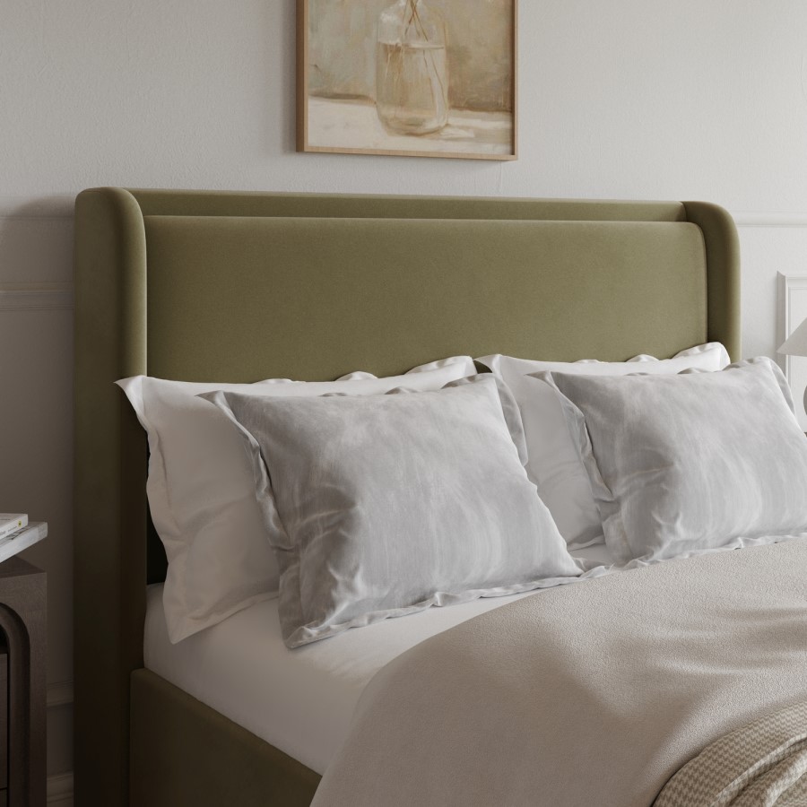 Moss Green Velvet Double Ottoman Bed with Cushioned Headboard - Frida