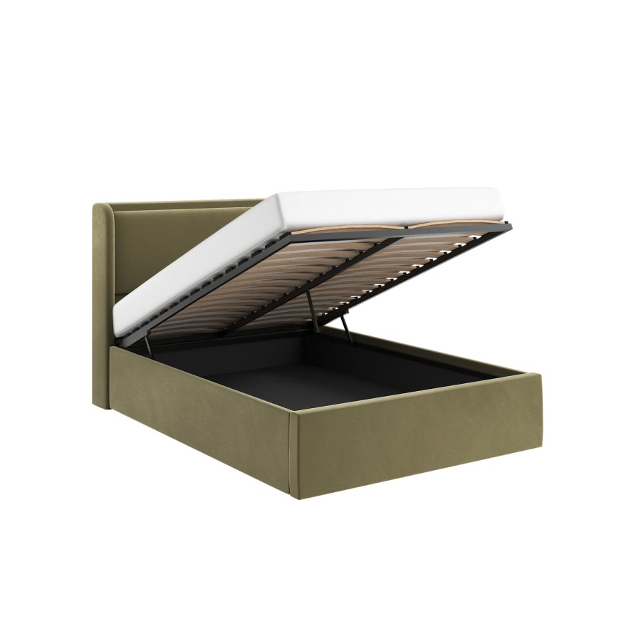 Moss Green Velvet Double Ottoman Bed with Cushioned Headboard - Frida