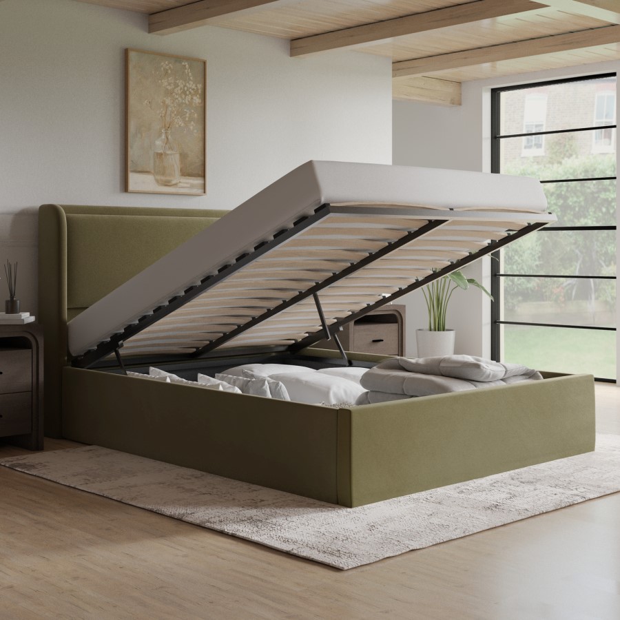 Moss Green Velvet King Size Ottoman Bed with Cushioned Headboard - Frida