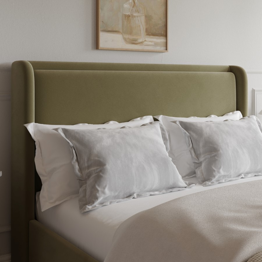 Moss Green Velvet King Size Ottoman Bed with Cushioned Headboard - Frida