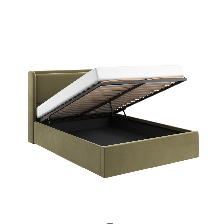 Moss Green Velvet King Size Ottoman Bed with Cushioned Headboard - Frida