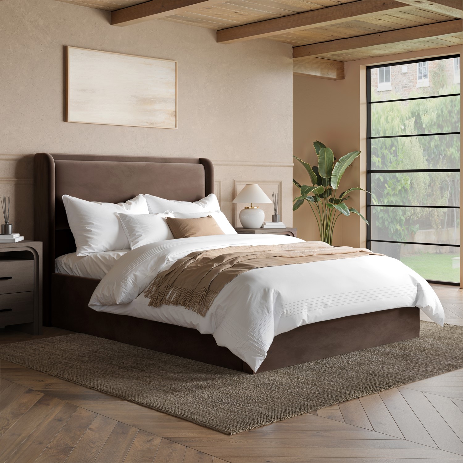 Chocolate Brown Velvet Double Ottoman Bed with Cushioned Headboard - Frida