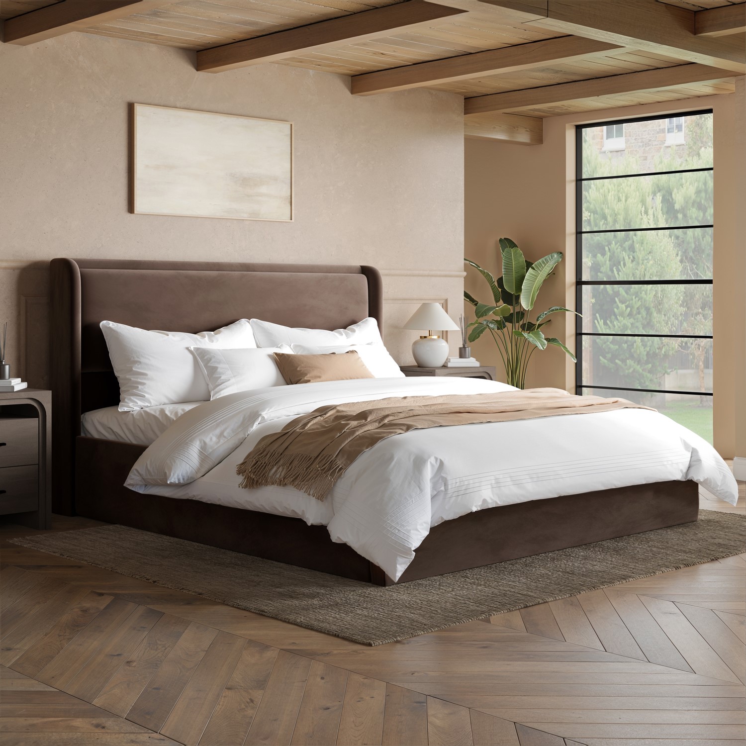 Chocolate Brown Velvet Super King Ottoman Bed Cushioned Headboard