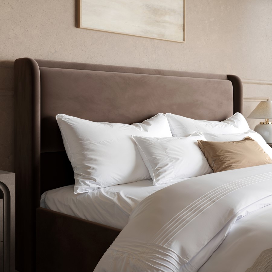 Chocolate Brown Velvet Super King Ottoman Bed with Cushioned Headboard - Frida