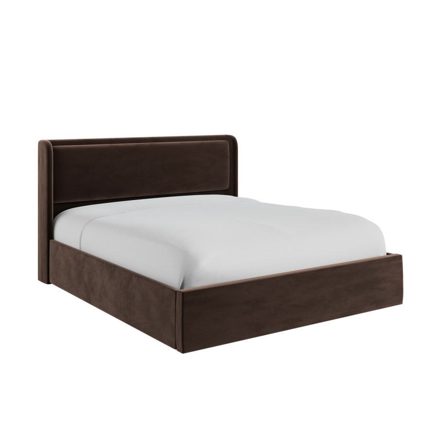 Chocolate Brown Velvet Super King Ottoman Bed with Cushioned Headboard - Frida