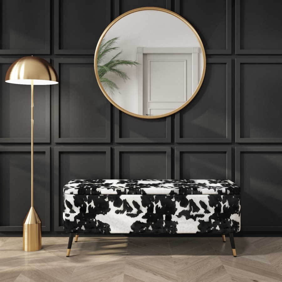 Small Velvet Ottoman Storage Bench in Cow Print - Felicity