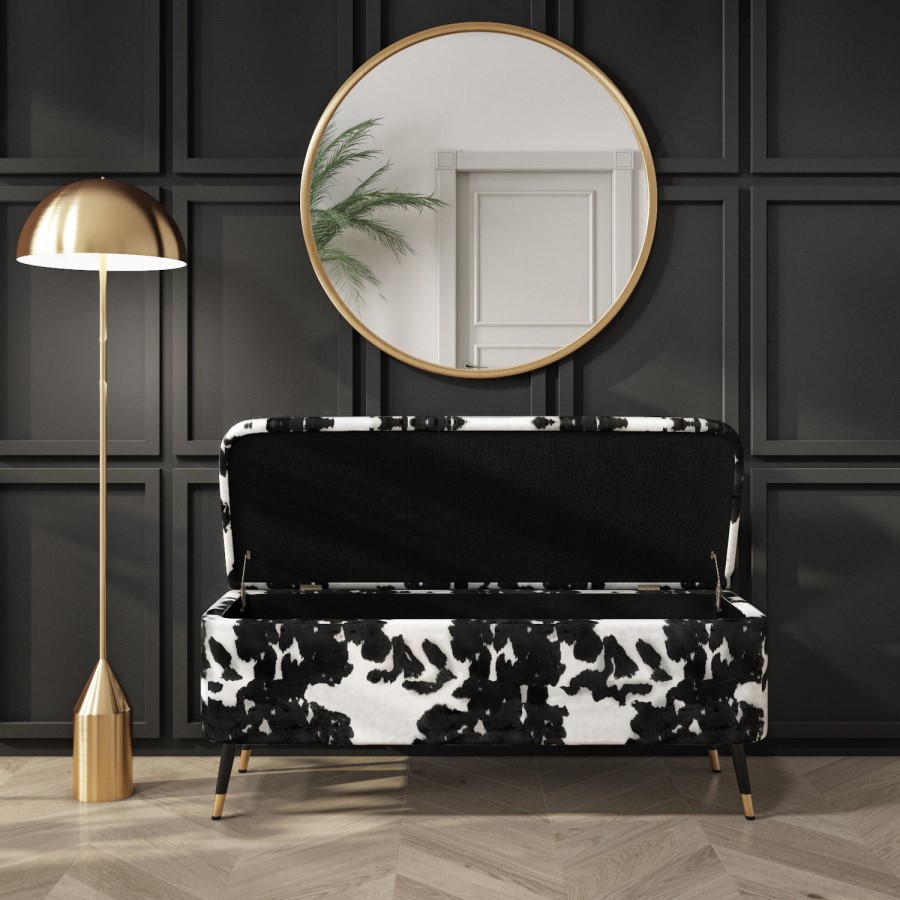 Small Velvet Ottoman Storage Bench in Cow Print - Felicity